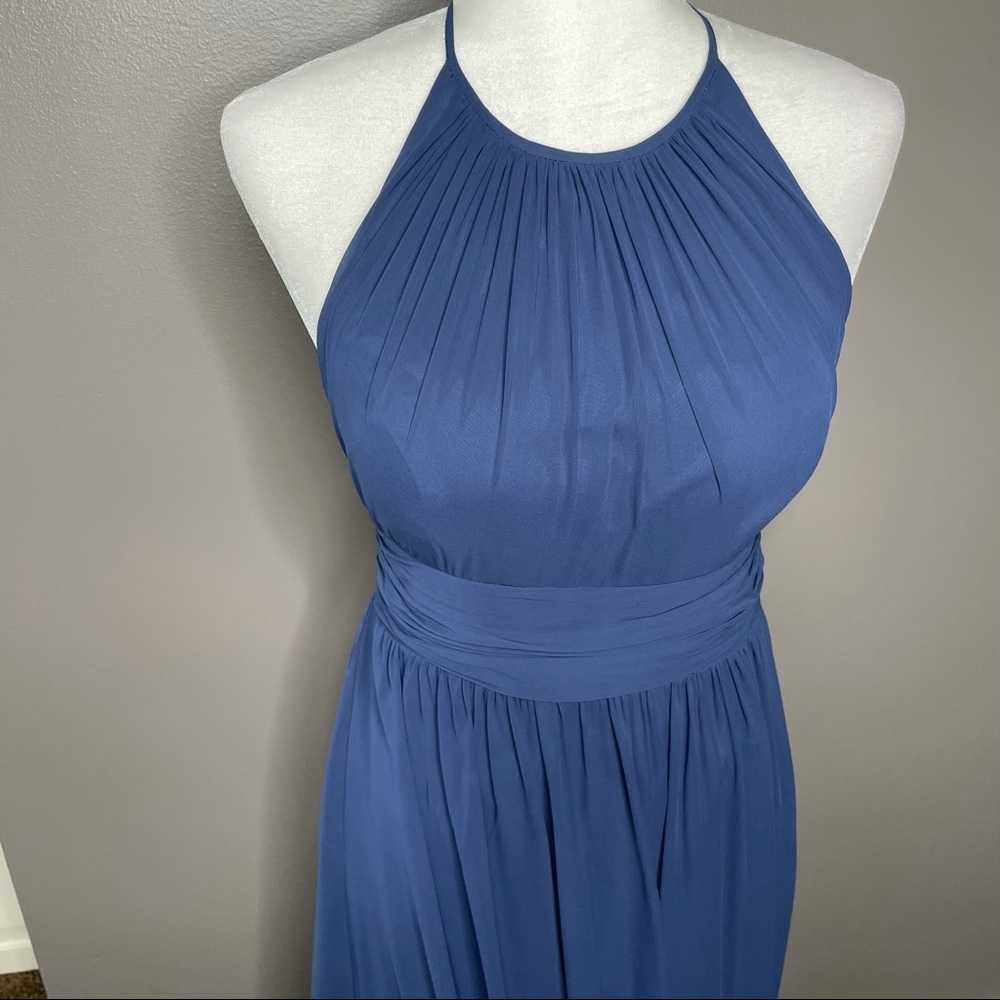 Blue floor length bridesmaid dress, open back